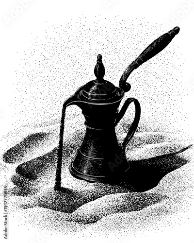 Turkish coffee pot on a bed of hot sand for a brewing process, black vector graphic