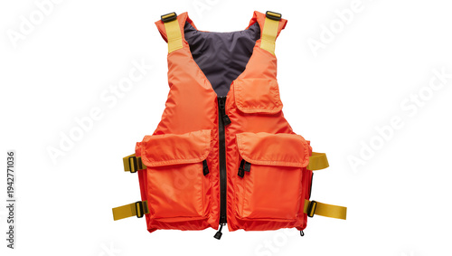 Fotografía Isolated orange life vest with pockets for rafting, kayaking or canoeing in safe