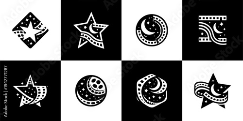 Icon Set Vector of 8 Film Strip and Star Movie Logo Symbols