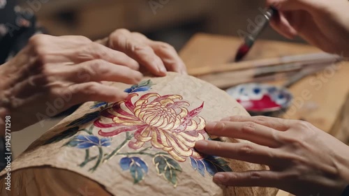 Elder and younger hands collaboratively painting an intricate traditional floral design on paper for intergenerational craftsmanship concept and cultural heritage