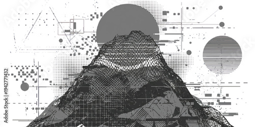 Abstract digital landscape featuring a stylized mountain and technological data visualization elements.