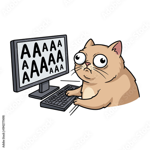 Funny scared cat in stress typing letter A on computer keyboard, burnout meme and IT problem concept, cartoon comic illustration