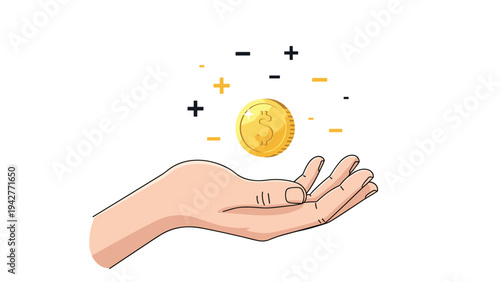 Human hand reaching out towards a floating gold dollar coin surrounded by mathematical symbols representing financial gain and loss.