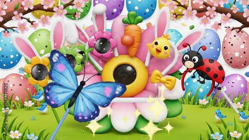 Wallpaper Mural A vibrant Easter-themed animation featuring a flower-shaped throne with bunny ears, a chick, and a carrot, surrounded by colorful Easter eggs and a ladybug. Torontodigital.ca