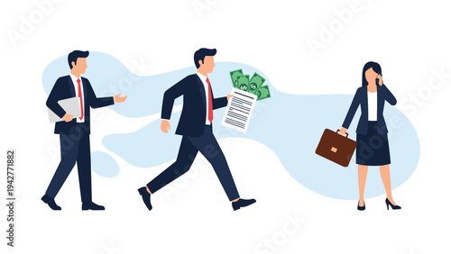 Diverse group of business professionals including a man running with cash and a woman talking on the phone during a busy work day.