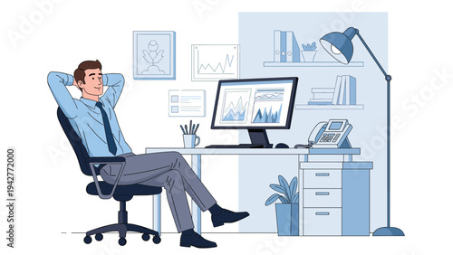 Relaxed male professional leaning back in his office chair while looking at a computer screen showing multiple data charts and graphs.