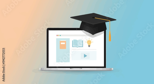 Online education concept with laptop and graduation cap