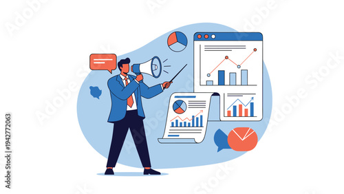Ambitious businessman using a megaphone to announce financial success while pointing at various professional growth charts and graphs.
