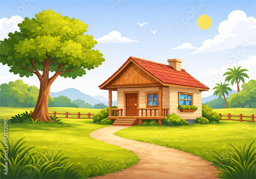 Cozy Countryside Cottage House with Green Lawn, Tree and Sunny Rural Landscape Vector Illustration