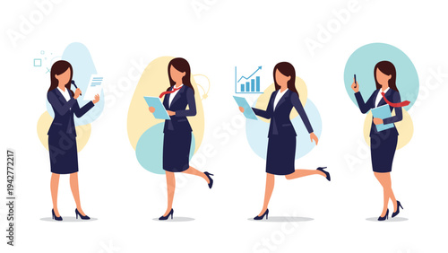 Collage of a businesswoman in various professional scenarios including speaking at a lectern walking and analyzing financial data graphs.