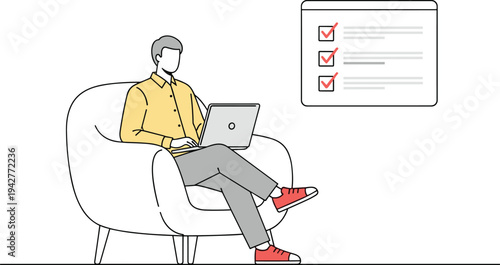 Man working on laptop while completing online checklist tasks, productivity and task management vector illustration