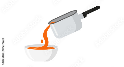 Orange liquid poured from saucepan into white bowl