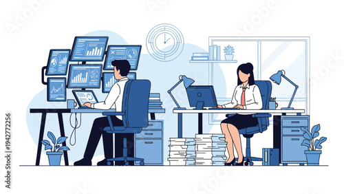 Professional man and woman working diligently at desks in a high tech office filled with multiple computer monitors and data charts.