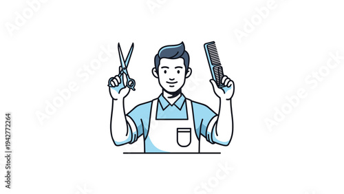 Friendly male barber wearing a white apron and holding a pair of professional scissors and a hair comb against a clean white background.