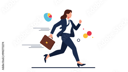 Energetic businesswoman in a dark suit running fast with a briefcase and a pie chart floating in the background to show productivity.