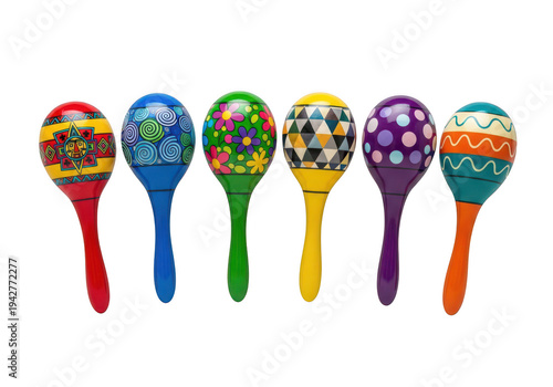A row of colorful maracas on a white background isolated on transparent background, png
