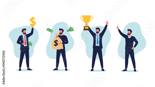 Series of businessman characters in different success poses holding bags of money a gold trophy and celebrating professional milestones.