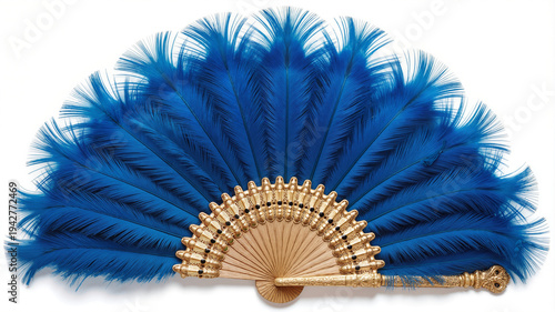 Luxury Masquerade Fan – Ornate Blue Ostrich Feathers and Gilded Handle for Carnival Celebrations, Costume Design, and Theatrical Performances