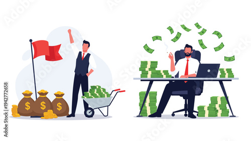Two scenes of financial success featuring a man with bags of money and another businessman at a desk with cash falling from the air.