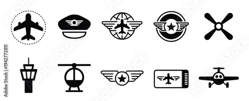 Aviation icon set, featuring travel and aircraft silhouette symbols including airplane, helicopter, airport, and flight elements for transportation and travel vector designs.