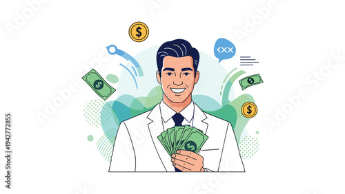 Happy successful male entrepreneur in a white suit holding a fan of dollar bills against a background of floating currency and icons.