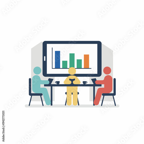 Business meeting with a digital presentation on a large screen showing growth charts and data analysis, with people collaborating around a table