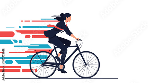 Energetic businesswoman rides a bicycle at high speed symbolizing fast progress and efficient movement in her professional career.