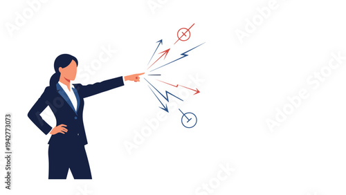 Confident businesswoman points forward with determination as multiple arrows indicate different paths and strategic directions.