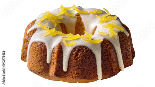 Photography Isolated lemon bundt cake with frosting drips and candied lemon peel close up sh
