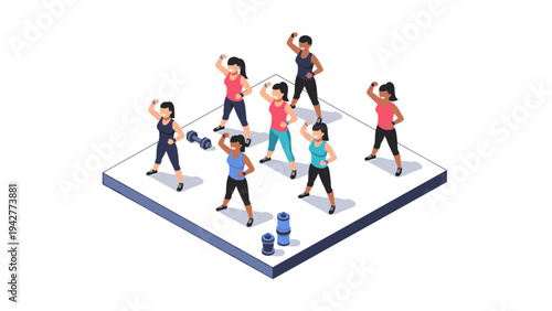 Isometric group exercise class illustration with diverse women in activewear