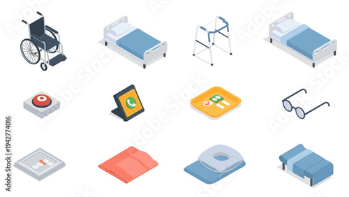 Isometric medical equipment: wheelchair, hospital bed, walker, glasses, and more
