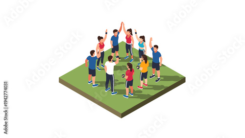 Team building exercise in isometric style with diverse group high-fiving outdoors