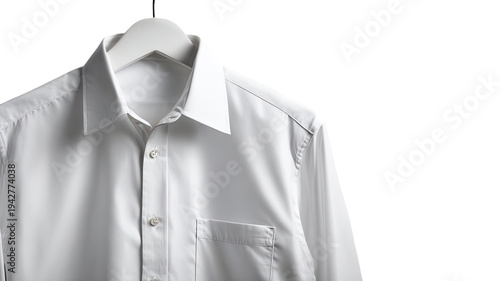 white formal dress shirt on hanger on white background elegant men clothing fashion apparel mockup 