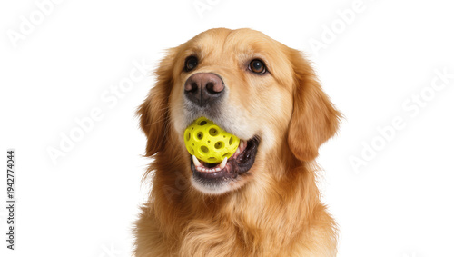 Isolated golden retriever happily holding a yellow toy ball in its mouth in studio