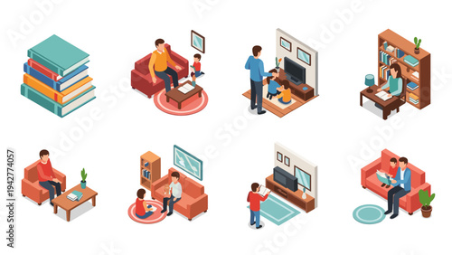 Isometric family activities at home: reading, watching tv, and quality time with kids