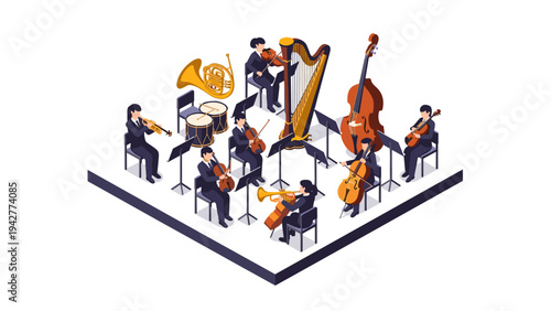 Isometric orchestra ensemble with classical instruments in concert setting