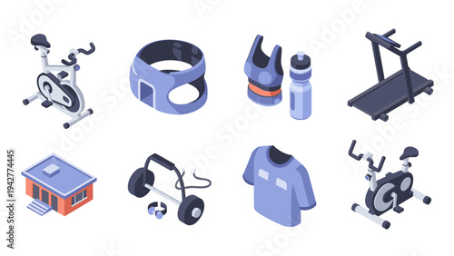 Isometric gym equipment set with bike, weights, and treadmill for fitness concepts
