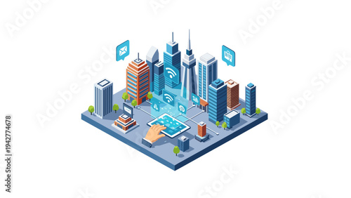 Smart city concept with digital transformation and connectivity in isometric design