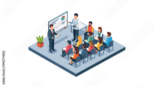 Modern isometric business conference with engaged audience and presenters