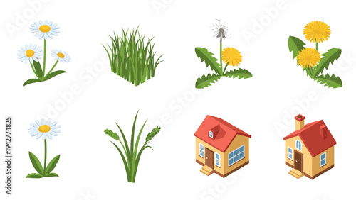 Isometric spring elements: daisies, dandelions, and cozy houses