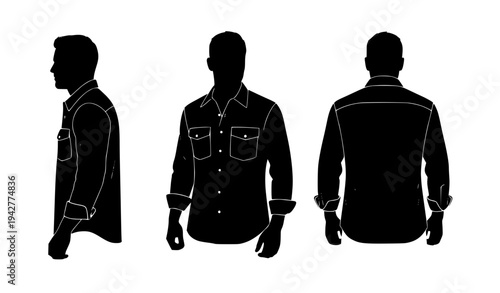 A black silhouette of a man in three different poses wearing a collared shirt with white outlines, set against a plain white background.