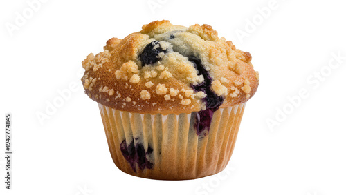 Konstfotografi Isolated fresh baked blueberry muffin with crumble topping, healthy breakfast tr