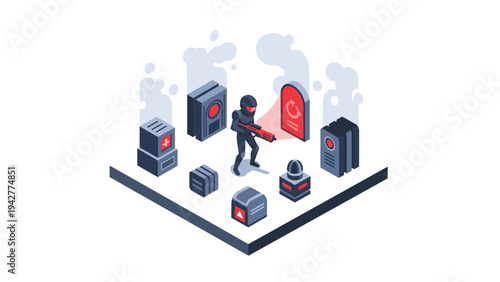 Futuristic isometric cyber soldier in sci-fi environment with data monitors