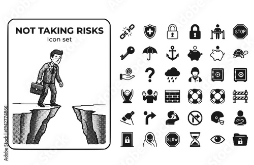 Not Taking Risks Icon Set Fear Failure Risk Aversion Hesitation Worried Businessman Uncertainty Caution Playing Safe Vector Illustration