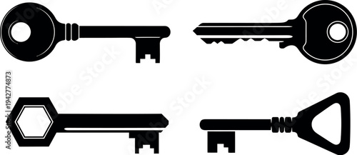 Four distinct styles of old-fashioned keys displayed in black and white