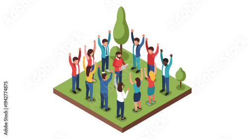 Diverse group celebrating in isometric design on a green lawn