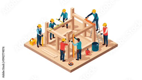 Isometric construction site with workers building wooden structure