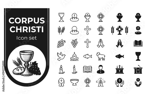 Corpus Christi Icon Set Eucharist Holy Communion Golden Chalice Wine Bread Grapes Christian Faith Sacrament Vector Illustration