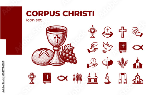 Corpus Christi Icon Set Eucharist Holy Communion Golden Chalice Wine Bread Grapes Christian Faith Sacrament Vector Illustration
