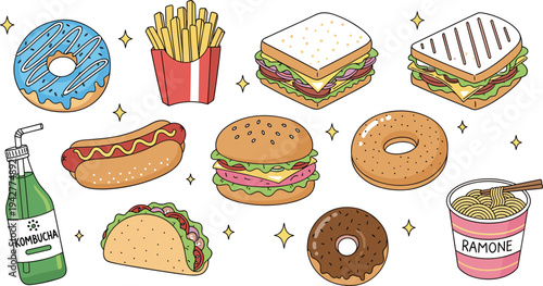 Fast Food and Street Food Illustration Set Featuring Burger, Fries, Donut, Hot Dog, Taco, Sandwich, Ramen, and Kombucha Drink